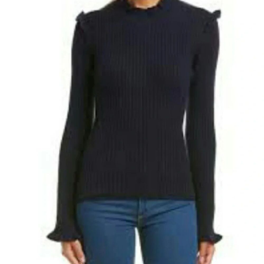 Derek Lam 10 Crosby 100% Cashmere Ruffle Mock Neck Sweater Blue S